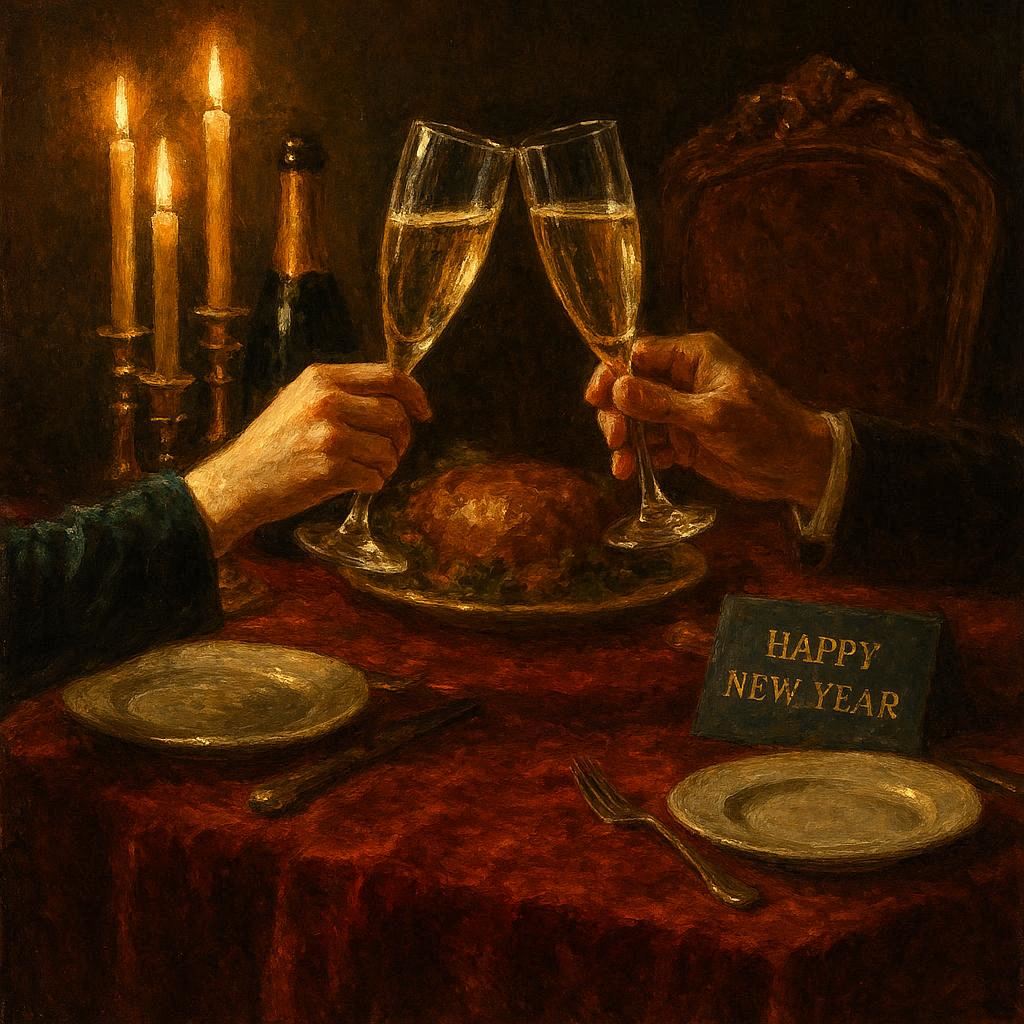 An elegant New Year’s dinner scene with golden candlelight, champagne glasses clinking, rich textures of velvet and wood, painted in classic oil painting style, eye-level perspective, dramatic lighting highlighting the warmth and intimacy of the celebration.